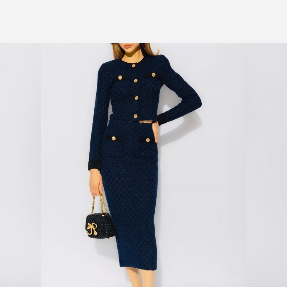 Self Portrait, Elegant Navy Blue Knit Skirt Suit